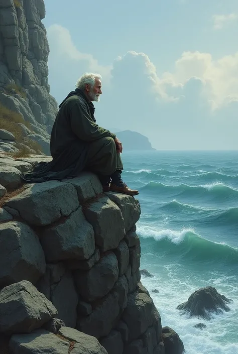 sea, rocks. AN OLD MAN SITS ON A CLIFF WITH A THOUGHTFUL LOOK , looks into the distance