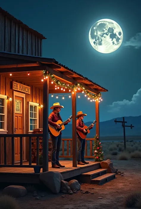  A country music band playing on the porch of the ranch two cowboy women singing,  ek ranch decorated with Christmas decorations and colored lights , Night full moon look wild west hyperrealistic  