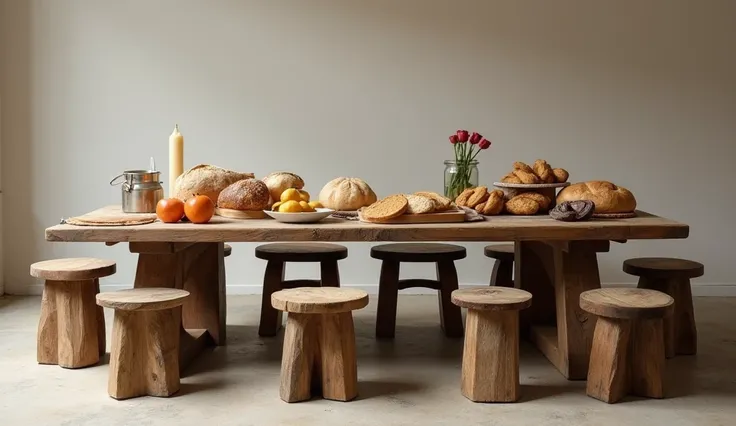 A large rustic dining table with several stools around it, but no one on it. Plain background, like an infinite photography background.
The table should be set, with an abundance of bread and fruit, like the one portrayed in the painting of the "Last Suppe...