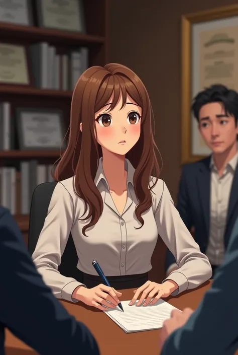 Long-haired brown-haired girl at a shy work meeting