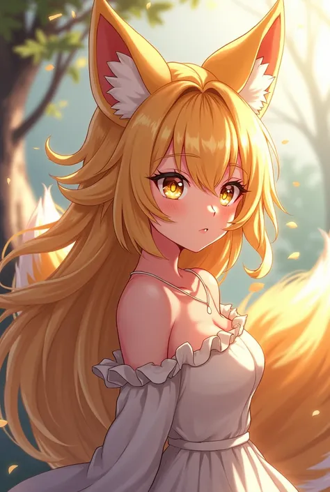 Half fox with gold blonde hair with golden blond Eyed Anime style over  Anime style