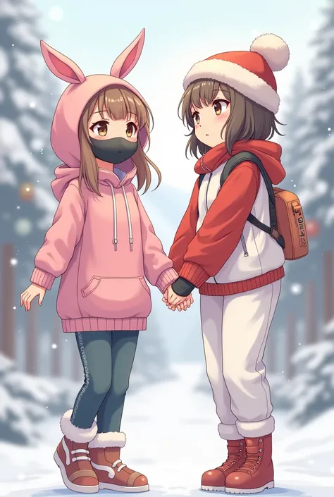  In anime wearing pink hoodies , with bunny ears, black mask , wearing a white vest,  sweatpants holding her friends hand with Christmas clothes 