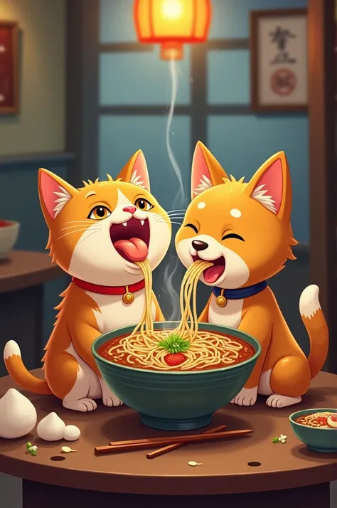 Cat and dog eat ramen