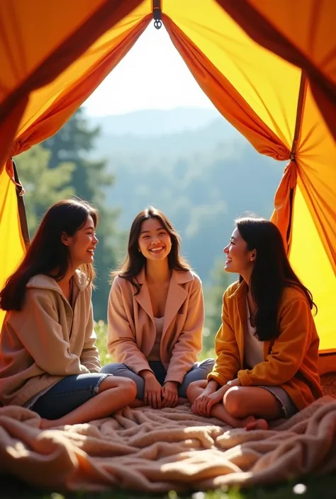 Three Asian girls,taking,happy,In tent