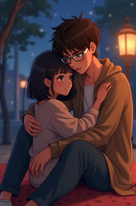 Animated woman with dark brown hair and brown eyes switting between the legs of a man with brown hair and blue eyes wearing white rimmed glasses outside at night with her back to his front, the man is holding the woman from behind with a blanket wrapped ar...