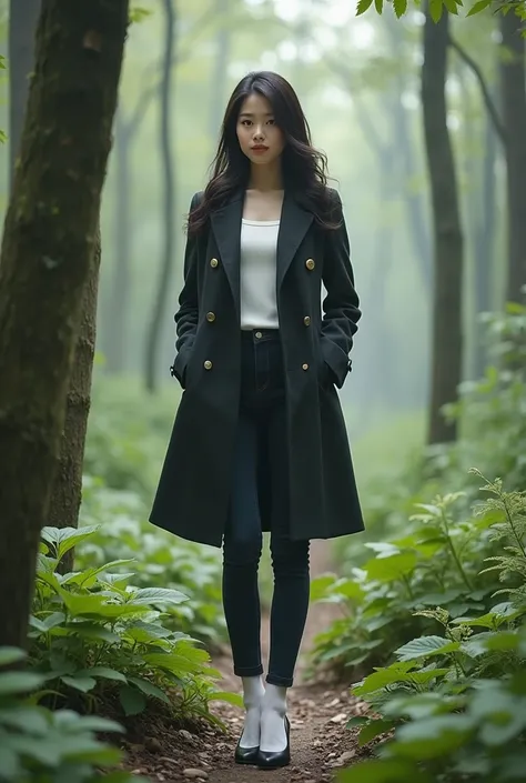 A beautiful hot japanese girl wearing coat with long tight jeans with black heels with white socks in standing position in forest . The ending of socks is not be visible