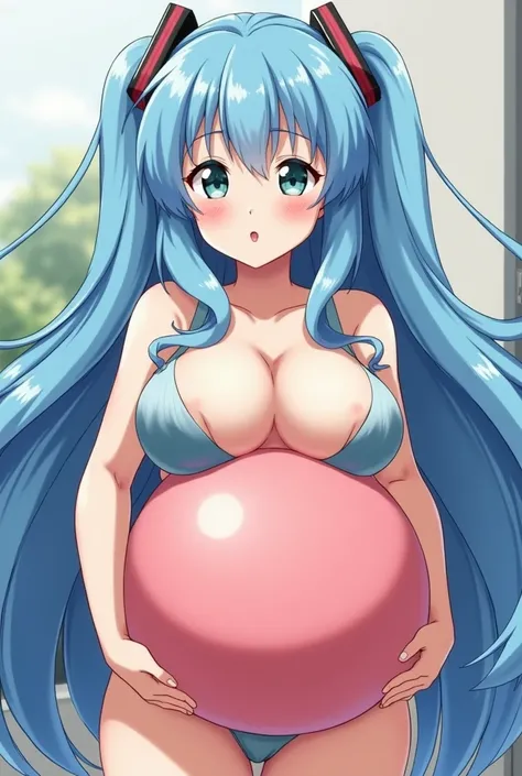 Take a picture of a blue-haired and light-clad anime wifu with very large breasts and an enormous butt which she holds in the camera so that you can see him but you can also easily see her huge breasts