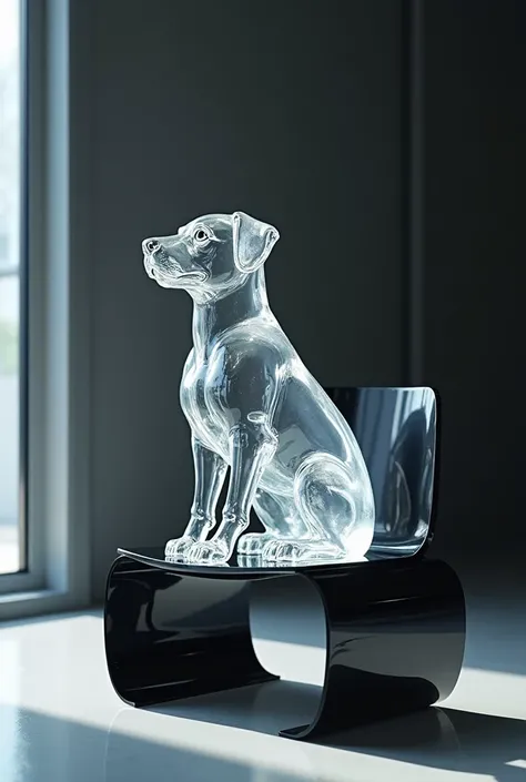 Some glass dog sitting on a black chair