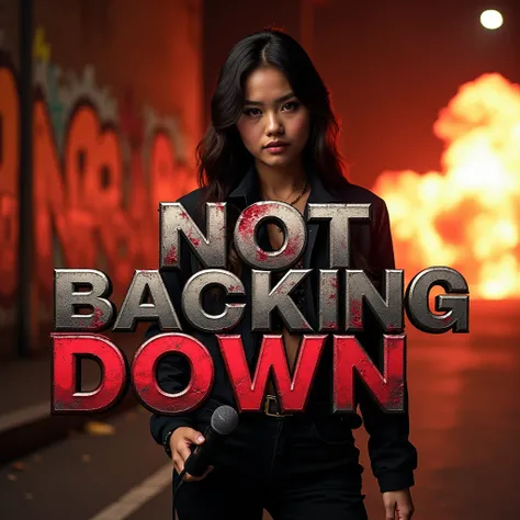 A bold and empowering streaming thumbnail featuring the title "Not Backing Down". The image showcases a stunning young woman with a confident expression, standing in front of a graffiti-covered wall with a fiery explosion in the background. Shes dressed in...