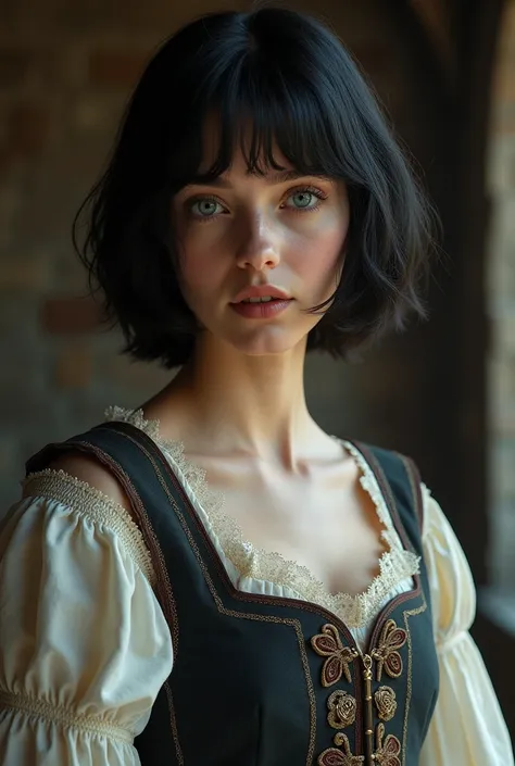 Young girl 20 years old, white european skinned, short black bob hair, blue eyes, wearing medieval clothes