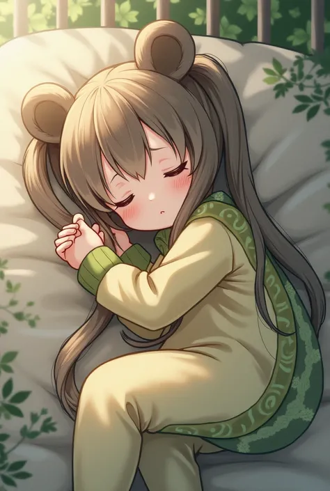  tall twin tails,bear ears , straight bangs, long hair, face down ,Nap,Snake costume,