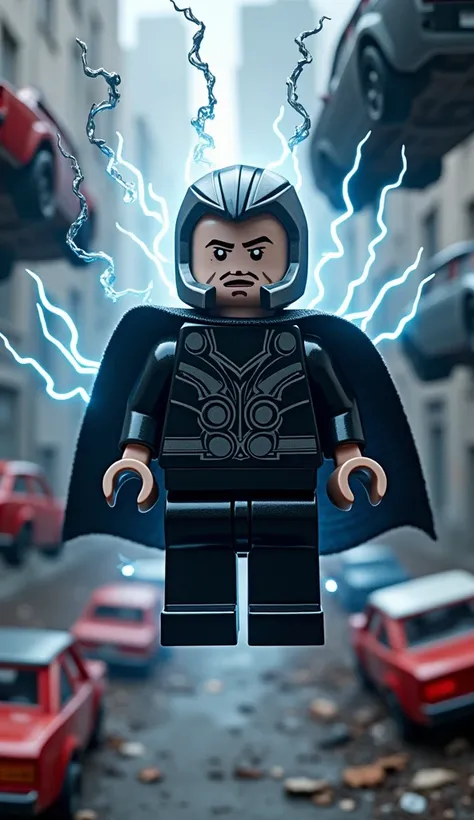 Lego magneto merged with lego thor, floating mid air, black suit, in a scrapyard, bent cars floating around, black lightenings, strong magnetic field, lego.