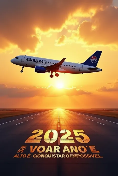 "A cinematic and ultra-realistic image of a white and blue airplane taking off from a runway, climbing into a breathtaking golden sunset. The airplane prominently features the bold logo Dimas Ubeda on its fuselage in clear, professional typography. Below t...