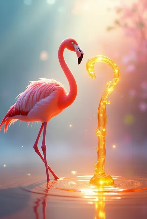 "A surreal and artistic depiction of a flamingo and a stream of golden honey facing each other. The flamingo stands elegantly on one leg, its vibrant pink feathers glowing under soft pastel lighting. Opposite it, the honey flows as though alive, curving gr...