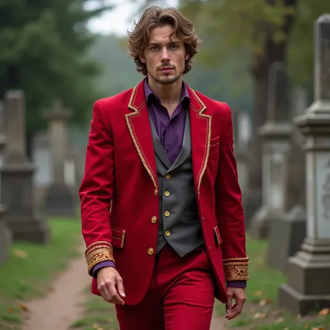 30 year old young man,  LIGHT BROWN HAIR GREEN EYES , Dressed in red suit/  RED SUIT WITH GOLD DETAILS ) (grey vest,  purple shirt ) ( DIEGO DE LA VEGA MEXICO STYLE OR BULLFIGHTER TYPE ) ( WALKING STRAIGHT WITH A GRAY CEMETERY IN THE BACKGROUND) (BROWN CAR...