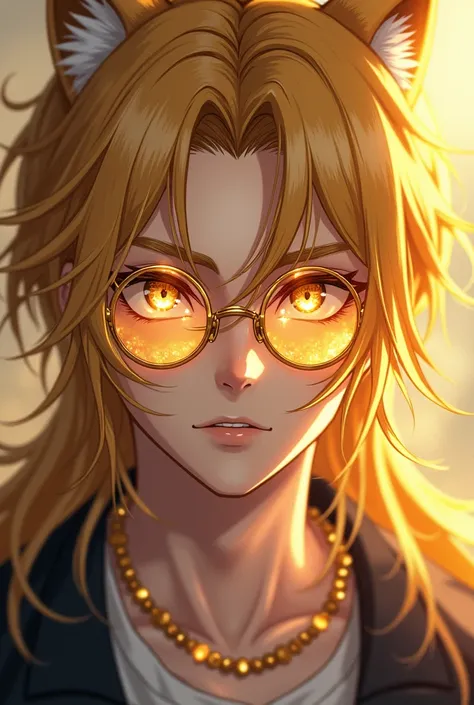 Anime-style golden hair over  Man with semi-kitsune glasses with golden eyes Man