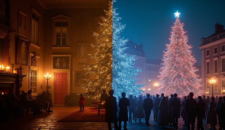 A historical montage showing a traditional 19th-century Christmas celebration on one side and a modern global Christmas festival on the other. The historical scene features a dimly lit parlor with a family gathered around a candlelit tree, while the modern...