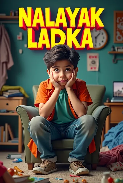 Here’s a creative idea for a YouTube thumbnail for the title "NALAYAK LADKA":

Background: A messy room with clothes, books, and food wrappers scattered everywhere.

Main Character: A young boy sitting on a chair or bed with a lazy expression, wearing casu...