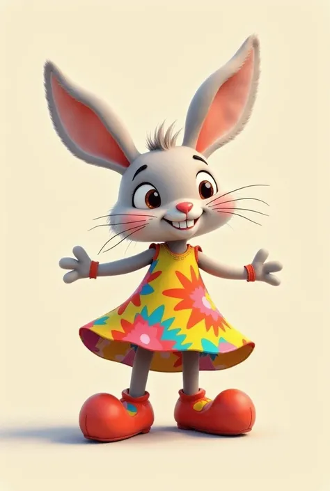 Bunny wearing playful, cartoon-inspired dress with bold, colorful print and playful, oversized shoes. 