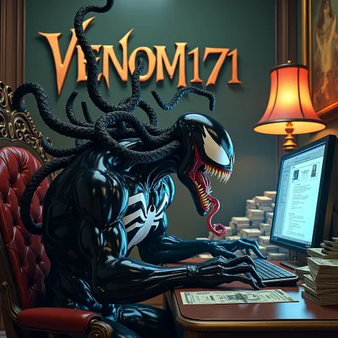  Create the Venom symbiote sitting fiddling with a computer inside a room with a lot of money in it, And behind Venom there is the name Venom171 written  