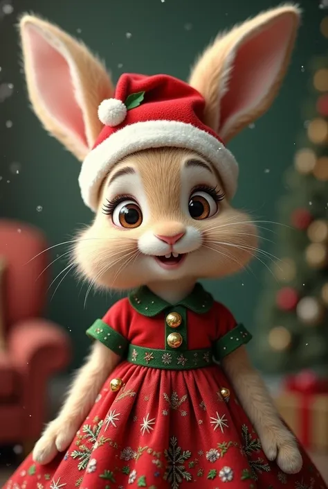 Bunny wearing festive, Christmas-inspired dress with bold, red and green colors and playful, Santa hat.