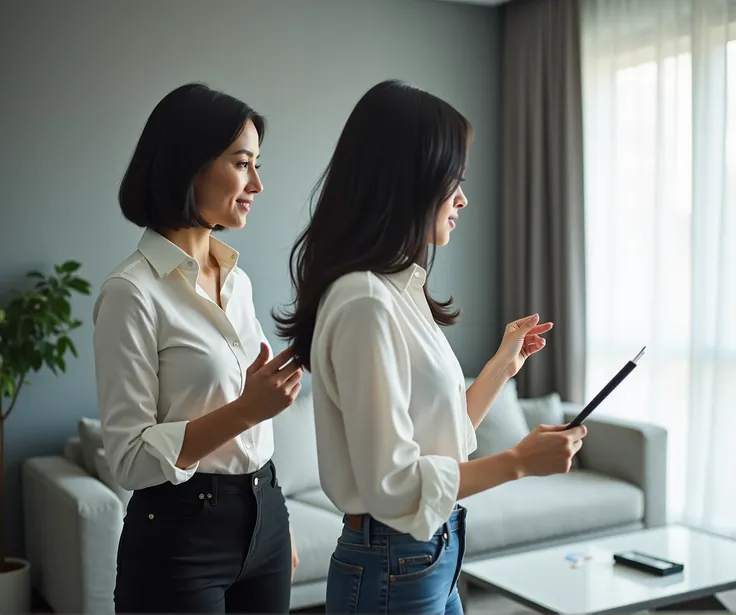 A minimalist series of images featuring a short-haired woman with black hair as the main character, shown in various actions related to real estate sales. The setting is a luxurious, modern apartment with a minimalist design, dominated by a black-and-white...