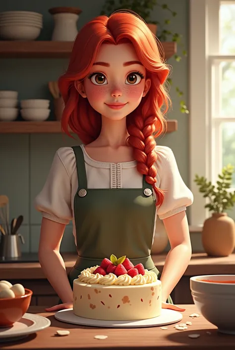 She makes cake and her hair is red like wine with freckles