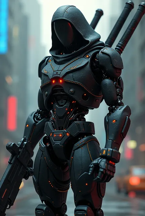 Black robot in leather clothing from the future with two swords on its back and a Free Fire gun in its hand