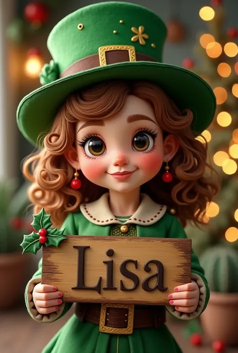 Leprechaun girl with brown hair and name sign Lisa Christmas decoration 