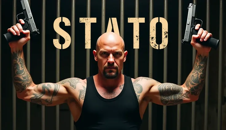 His arms are covered in tattoos with various symbols{x}The image depicts a man with a brutal appearance, resembling an action hero. He holds a gun in each hand, lifting them up , showing strength and determination. creating the atmosphere of a prison or cl...