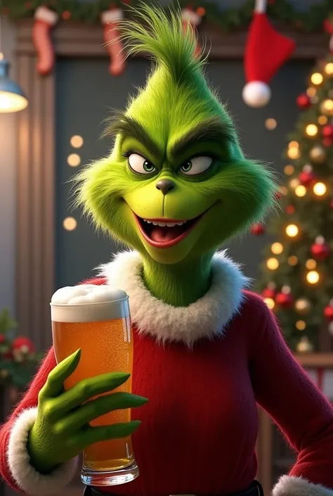 Grinch with a very nice and happy face,  flirty eyes and a beer in her hand, With Christmas background 