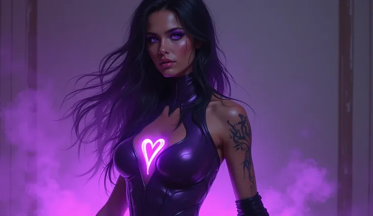  long hair,  whose edges are painted purple . 
sharp purple eyes,  giving her a threatening appearance . 
 Relative nudity :  she wears a purple tight suit ,  that only has one arm covered , and the other one is open . 
 A set of unique tattoos can be seen...