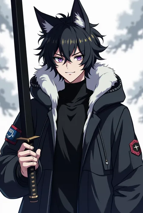 " Sleeve-style boy in black and white , Slim body,  slightly defined body ,  full body, 26 years old,  with wolf ears and jet-black hair styled Bristled , hair with raised butt , Wolfcut, purple eyes.  He wears a black winter jacket with white fluff on his...