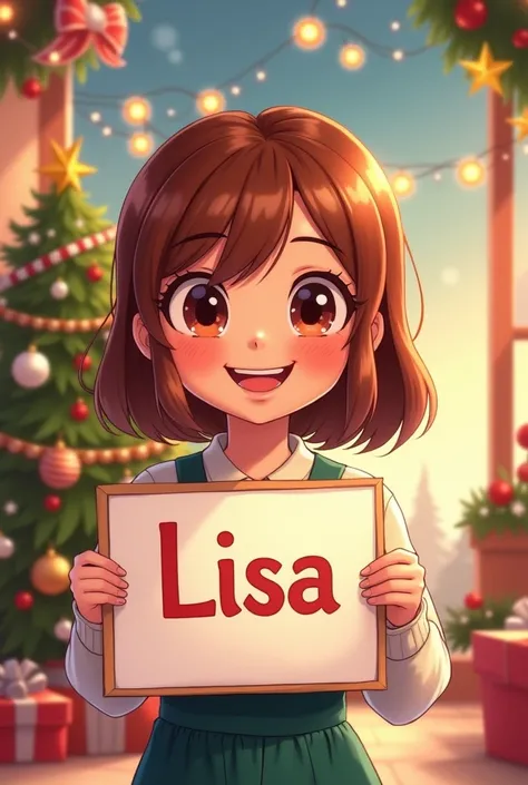 Lutine cheveux châtains dessin animé tenant une pancarte ecrit Lisa déco noël 