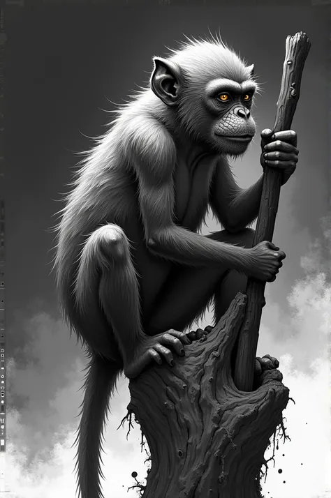 Black and white manga drawing with a gradient of a wise monkey perched on his stick looking into the distance