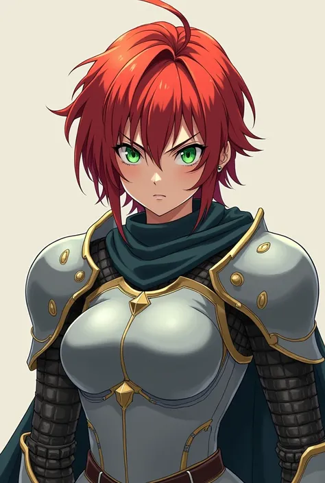 1girl, Solo, Looking at viewer, Green Eyes, Tomboy, Masculine, Short Hair,Armour, Knight, Simple background, Anime Style, Red Hair, Intimidating,