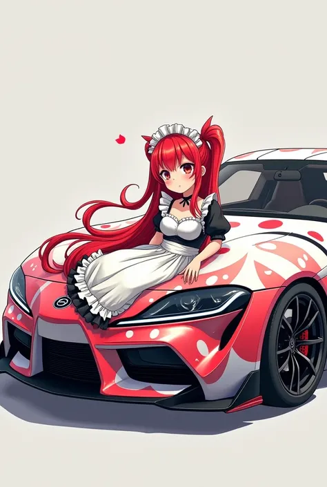  8KRAW photos.Draw a white sports car itasha、Sports cars have a stylish shape with a low center of gravity、All painted white、 with an anime-style picture of a  with red hair and twin tails wrapped all over the body。 girl in maid clothes、A pop and detailed ...