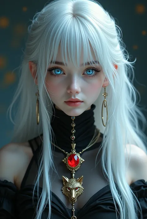 Beautiful young, withe hair,fringed bangs,long hair, gothic outfit, red Diamant gold Wolf Necklace,withe Crystal  blue eyes