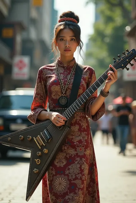 Indonesian woman with hair in bun wearing boots wearing full Javanese kebaya wearing batik cloth playing star-shaped metal electric guitar on street pavement face appears looking at camera