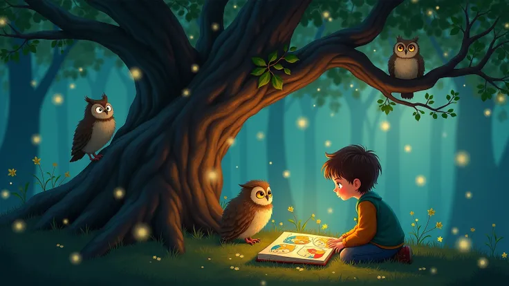 " A boy with an inquisitive eye sits under an old oak tree in a magical forest . Fireflies flutter around him ,  and talking owls are sitting on the branches of a tree .  He has opened a book with colorful illustrations of fairy-tale creatures. Atmosphere:...