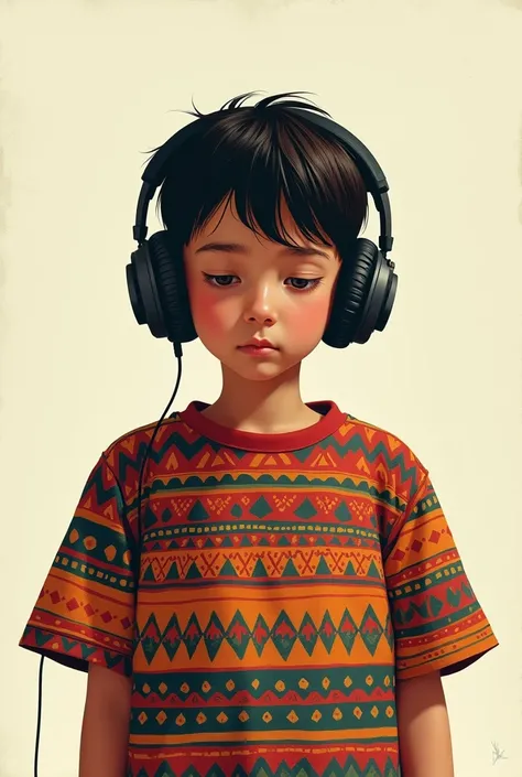 Young boy listening to music with headphones ,  without showing his face and wearing a Peruvian-style t-shirt