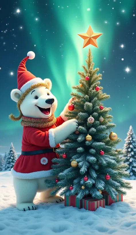 Conceptual art. Double exposure collage. Color sketch. 16K. UHD. high quality, photorealism. Thematic background. A happy polar bear in a New Years outfit decorates the New Year tree. Northern lights. Caricature. Stunning full color design, sharp focus, in...