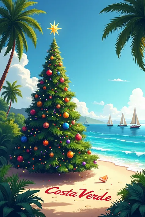 Christmas tree on the beach with the inscription Costa Verde, In the background the sea with the sailboats