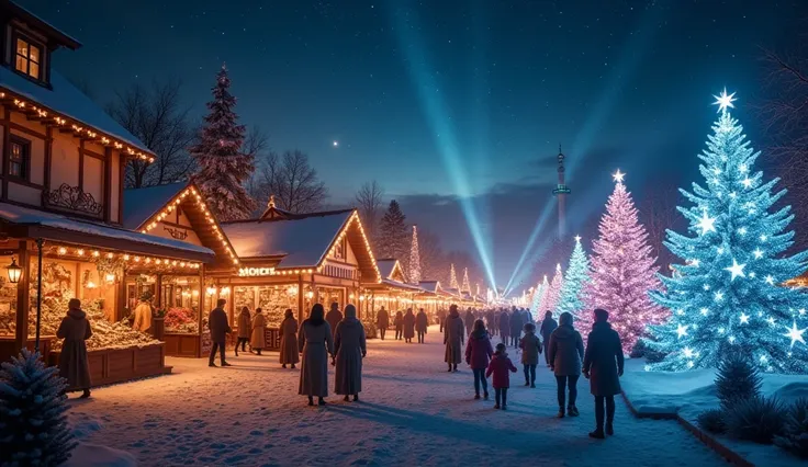 A panoramic scene divided into three sections: on the left, a humble nativity scene under a starlit sky; in the center, a bustling 20th-century Christmas market filled with vintage decorations and warm lights; and on the right, a futuristic cityscape with ...