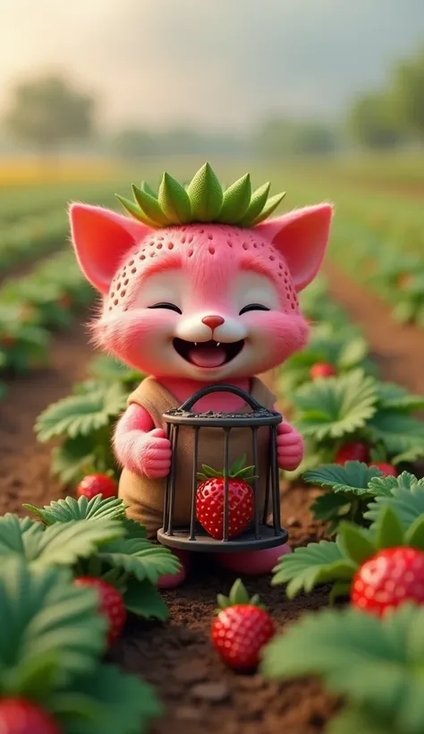 In cinematic 3D style, HD image, realistic image, colourful image. Character,A strawberry-themed cat with pink fur textured like strawberry seeds, a green leaf crown on its head. character, 30 year young man farmer and lately beard wearing brown shirt and ...