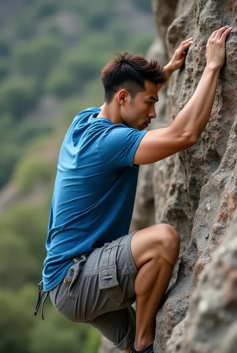 asian man with dark brown taper fade doing bouldering in blue tshirt and short cargo but make the face unrecognizable as if the picture was taken from behind