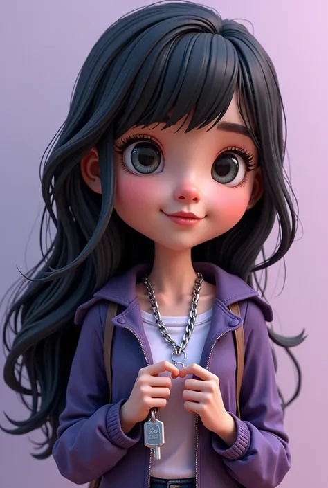 3D caricature of a girl with long black hair, key chain. High-quality realistic photo, and there is the name "SERENDIPITY" in 3D letter style, embossed and realistic, in purple, indium white and black, 