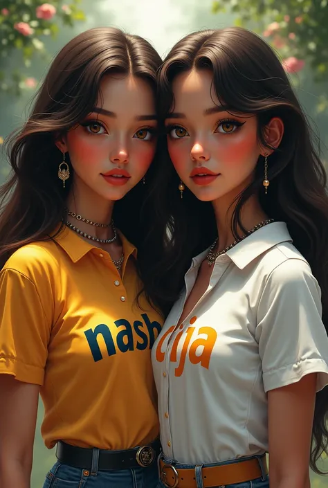 Generate image of 2 beautiful girls, one wearing shirt with word "Nasha" written on it and other wearing shirt with word "Dija" written on it 