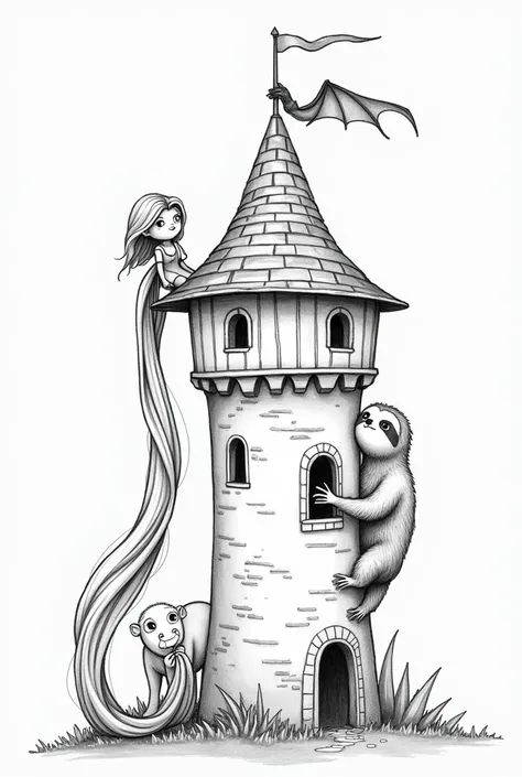 Rapunzel who is letting her hair down from the window above the castle and the sloth who is climbing up the castle by holding her hair below, should be simple drawing and without color, the sloth has a horse next to him and there is a dragon above the cast...