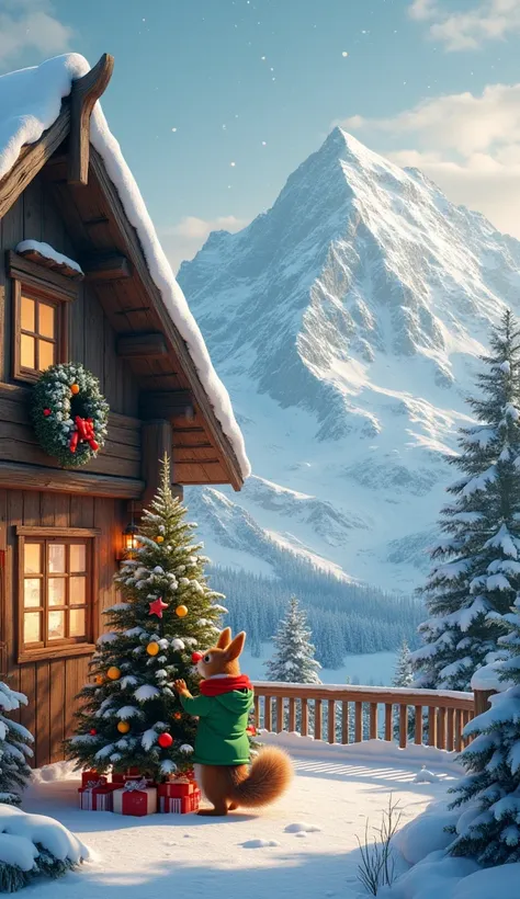  An ultra realistic photo of a mountain covered with snow ,  and on top of the mountain there is a very beautiful wooden house,  decorated for Christmas ,  in the living room of the house there is a squirrel  ,From a green jacket ,  red scarf ,  decorating...